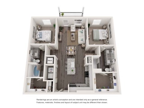 Floor plan for 2 beds, 2 baths, 1152 sqft
